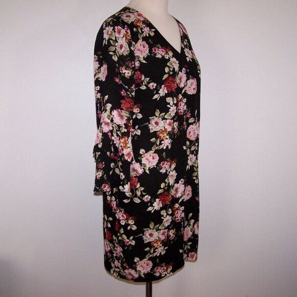 Sam Edelman Black Floral Dress Womens Sz 6 Shift 3/4 Bell Sleeves Lined V-Neck - Picture 7 of 11